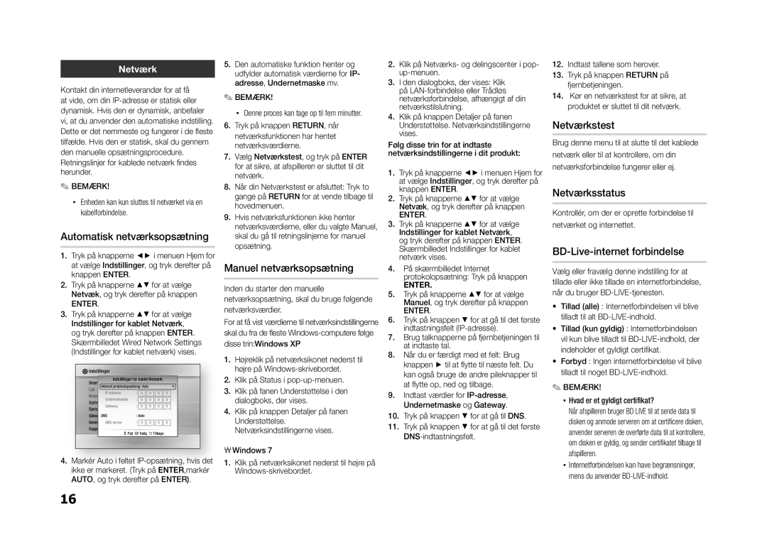 Samsung BD-E5300/XE manual Automatisk netværksopsætning, Manuel netværksopsætning, Netværkstest, Netværksstatus 