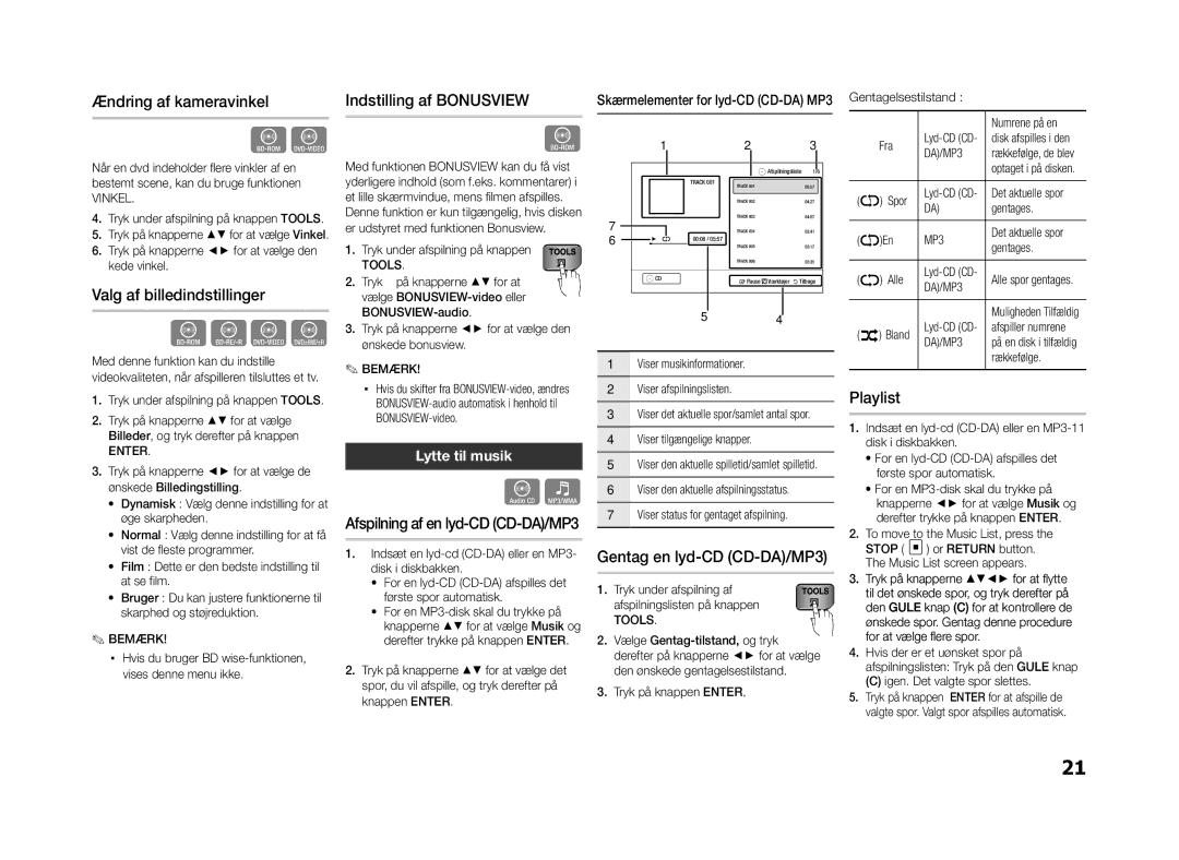 Samsung BD-E5300/XE manual Ændring af kameravinkel, Valg af billedindstillinger, Indstilling af Bonusview, Playlist 