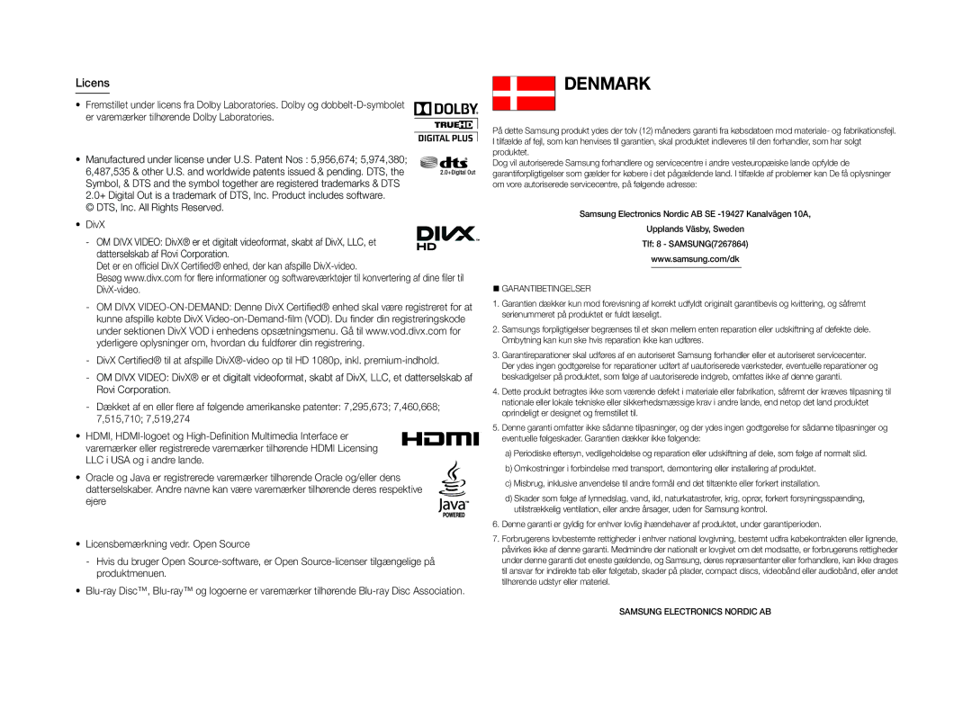 Samsung BD-E5300/XE manual Denmark, Licens 