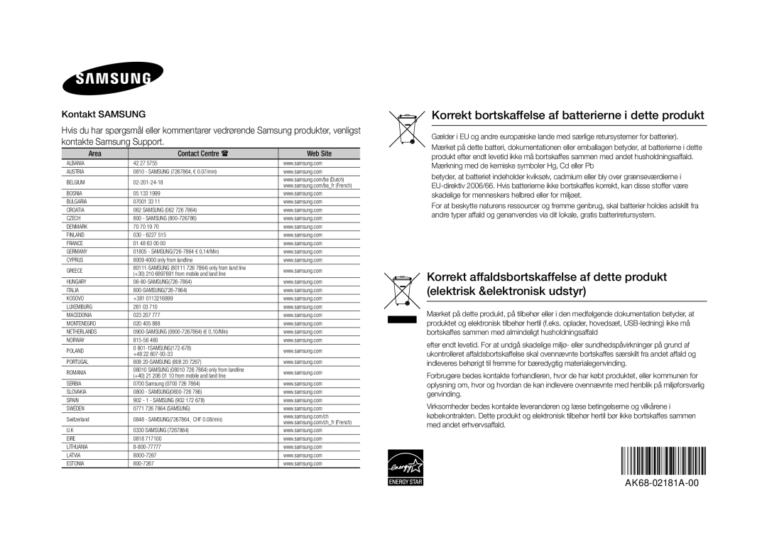 Samsung BD-E5300/XE manual Korrekt bortskaffelse af batterierne i dette produkt 