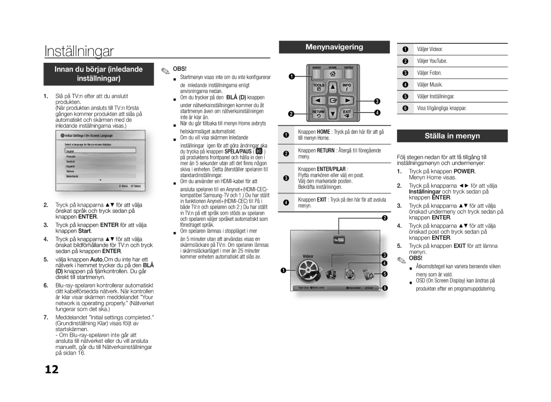 Samsung BD-E5300/XE manual Menynavigering, Innan du börjar inledande Inställningar, Ställa in menyn 