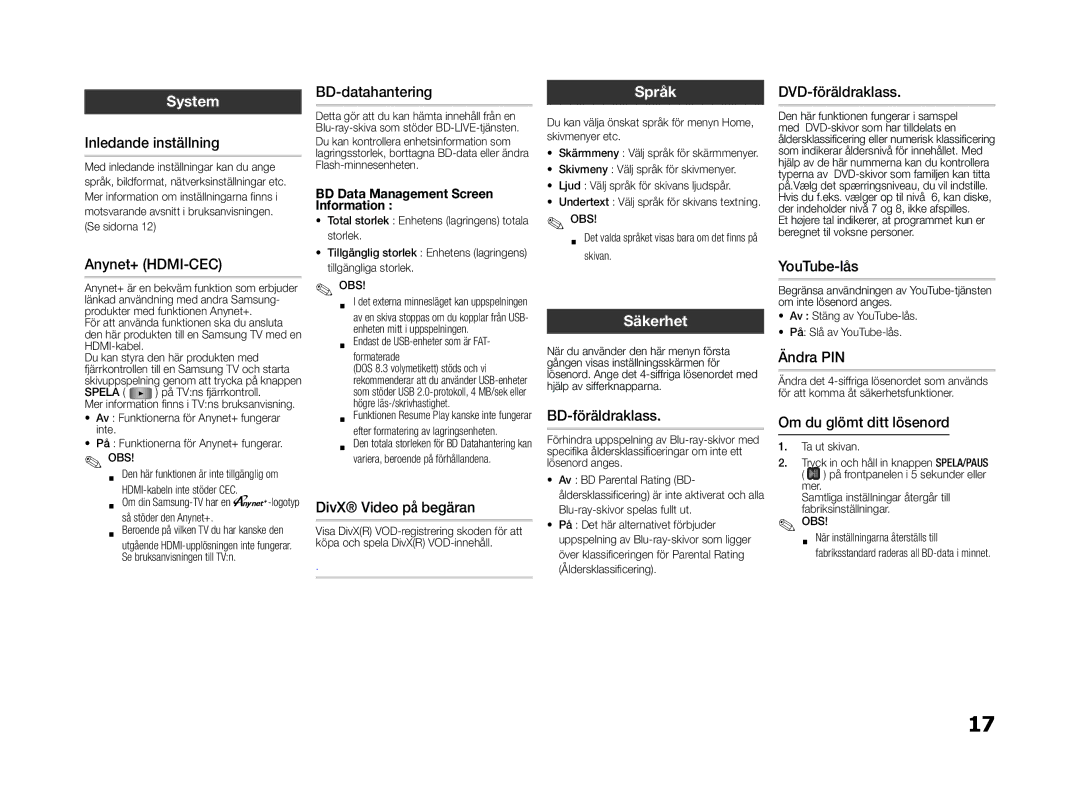 Samsung BD-E5300/XE manual System, Språk, Säkerhet 