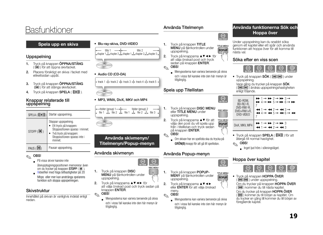 Samsung BD-E5300/XE manual Basfunktioner, Använda funktionerna Sök och Hoppa över Spela upp en skiva 