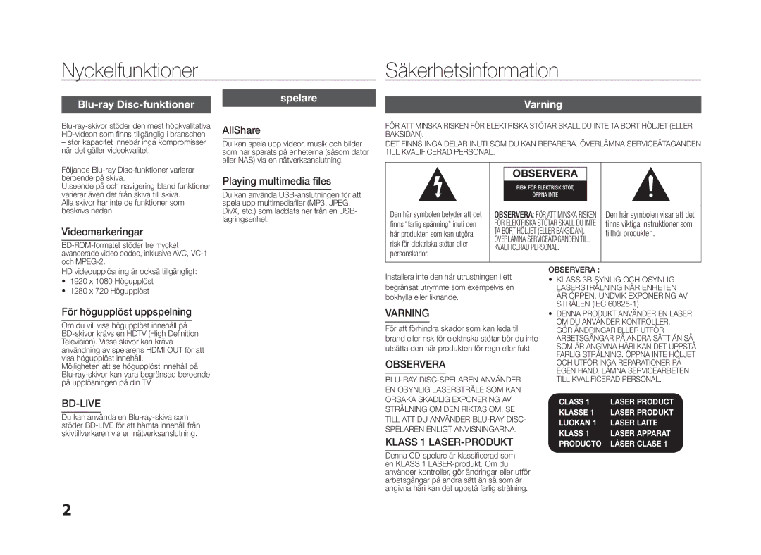 Samsung BD-E5300/XE manual Nyckelfunktioner, Säkerhetsinformation, Blu-ray Disc-funktioner, Varning 