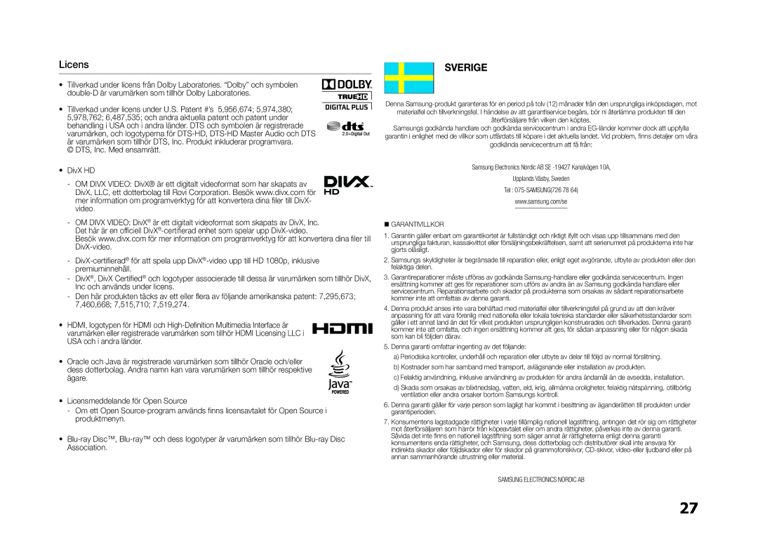 Samsung BD-E5300/XE manual Licens, DTS, Inc. Med ensamrätt DivX HD 