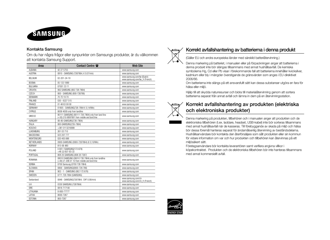 Samsung BD-E5300/XE manual Korrekt avfallshantering av batterierna i denna produkt, Area Contact Centre  Web Site 