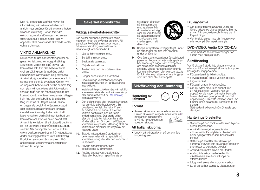 Samsung BD-E5300/XE manual Säkerhetsföreskrifter, Skivförvaring och -hantering 