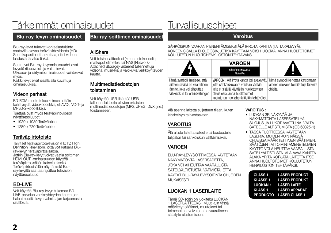 Samsung BD-E5300/XE manual Tärkeimmät ominaisuudet, Turvallisuusohjeet, Blu-ray-levyn ominaisuudet, Varoitus 