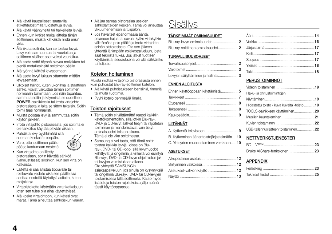 Samsung BD-E5300/XE manual Sisällys, Kotelon hoitaminen, Toiston rajoitukset, Perustoiminnot, Nettverkstjenester 