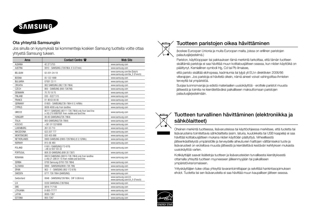 Samsung BD-E5300/XE manual Tuotteen paristojen oikea hävittäminen 