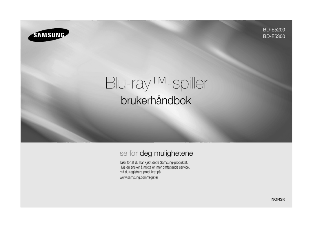 Samsung BD-E5300/XE manual Blu-ray-spiller, Norsk 