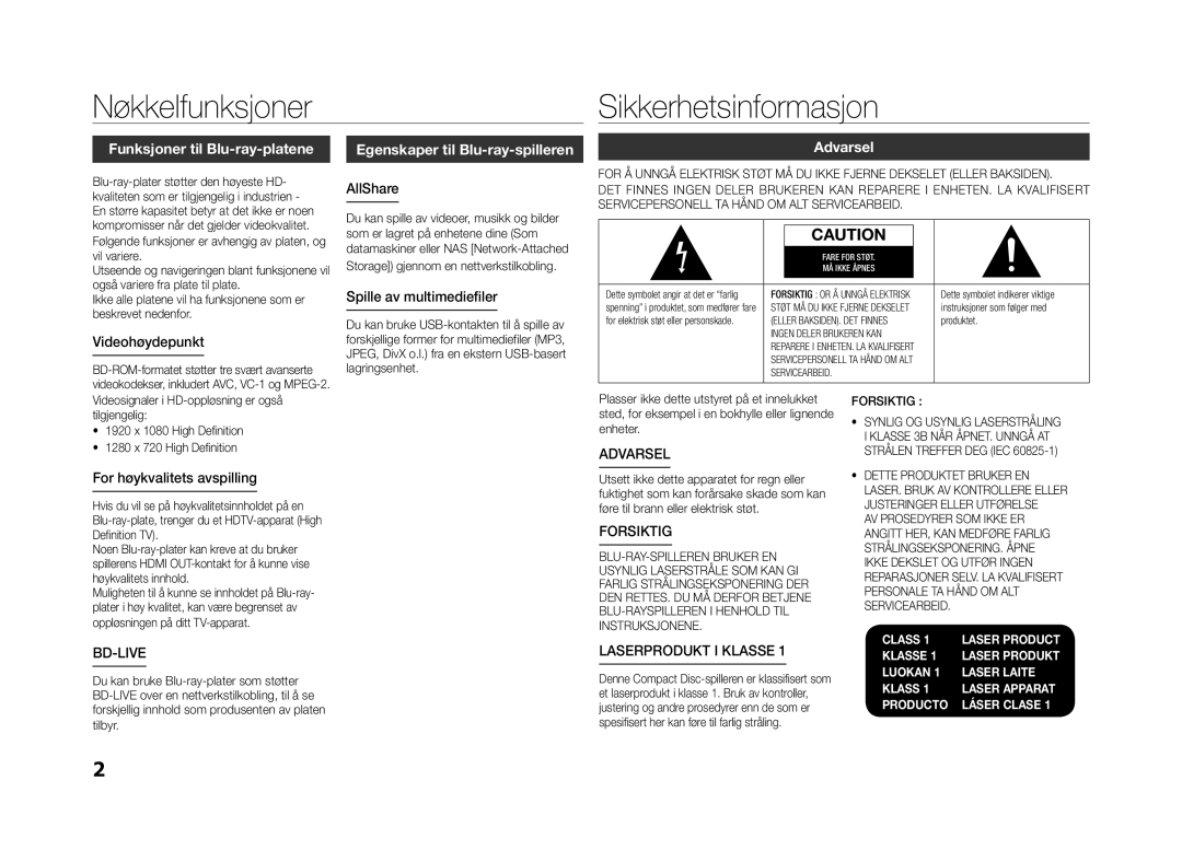 Samsung BD-E5300/XE manual Nøkkelfunksjoner, Sikkerhetsinformasjon, Funksjoner til Blu-ray-platene, Forsiktig 