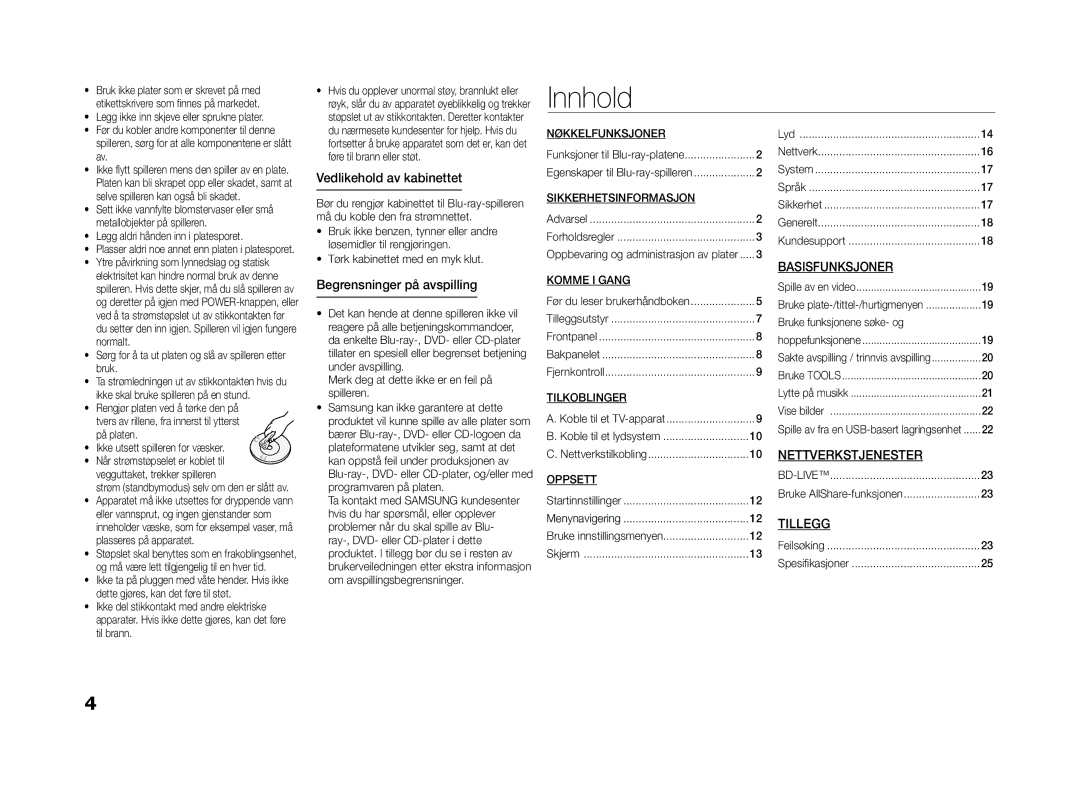 Samsung BD-E5300/XE manual Innhold, Vedlikehold av kabinettet, Begrensninger på avspilling, Basisfunksjoner, Tillegg 