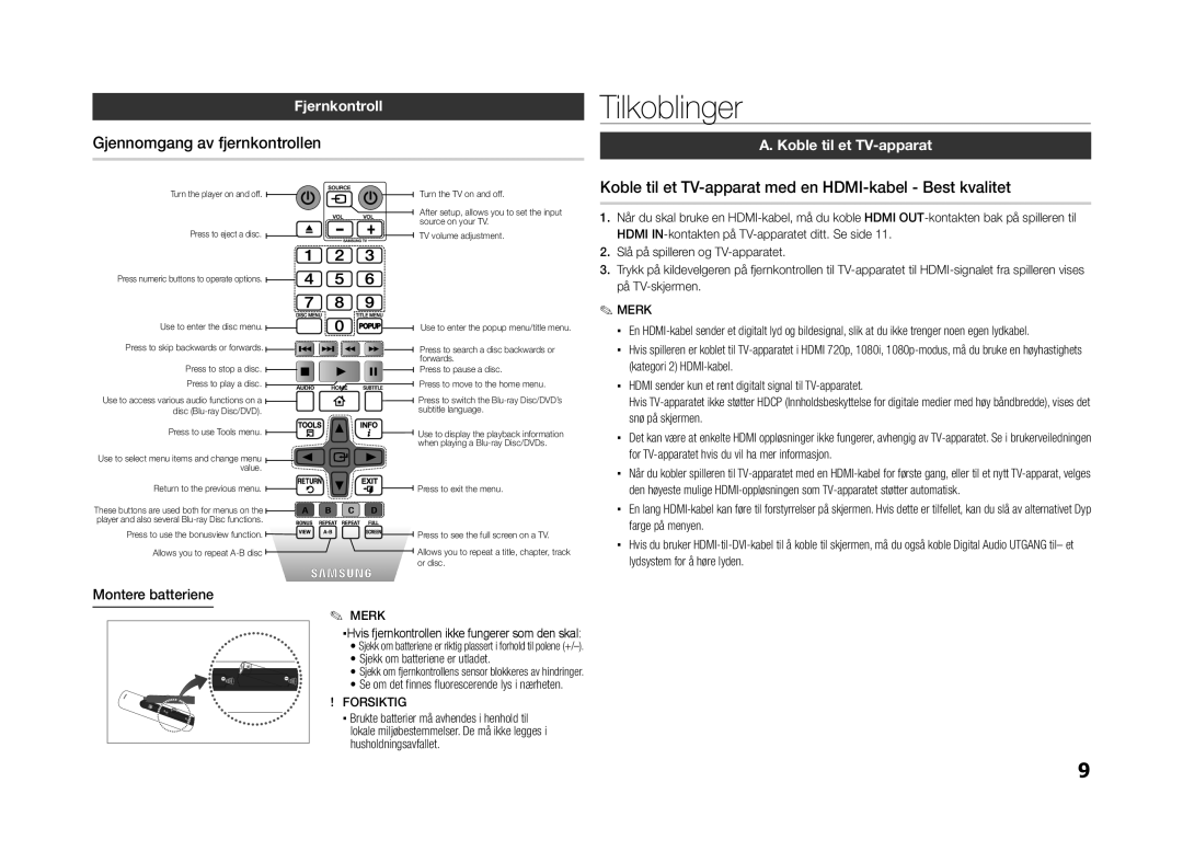 Samsung BD-E5300/XE Tilkoblinger, Gjennomgang av fjernkontrollen, Koble til et TV-apparat med en HDMI-kabel Best kvalitet 