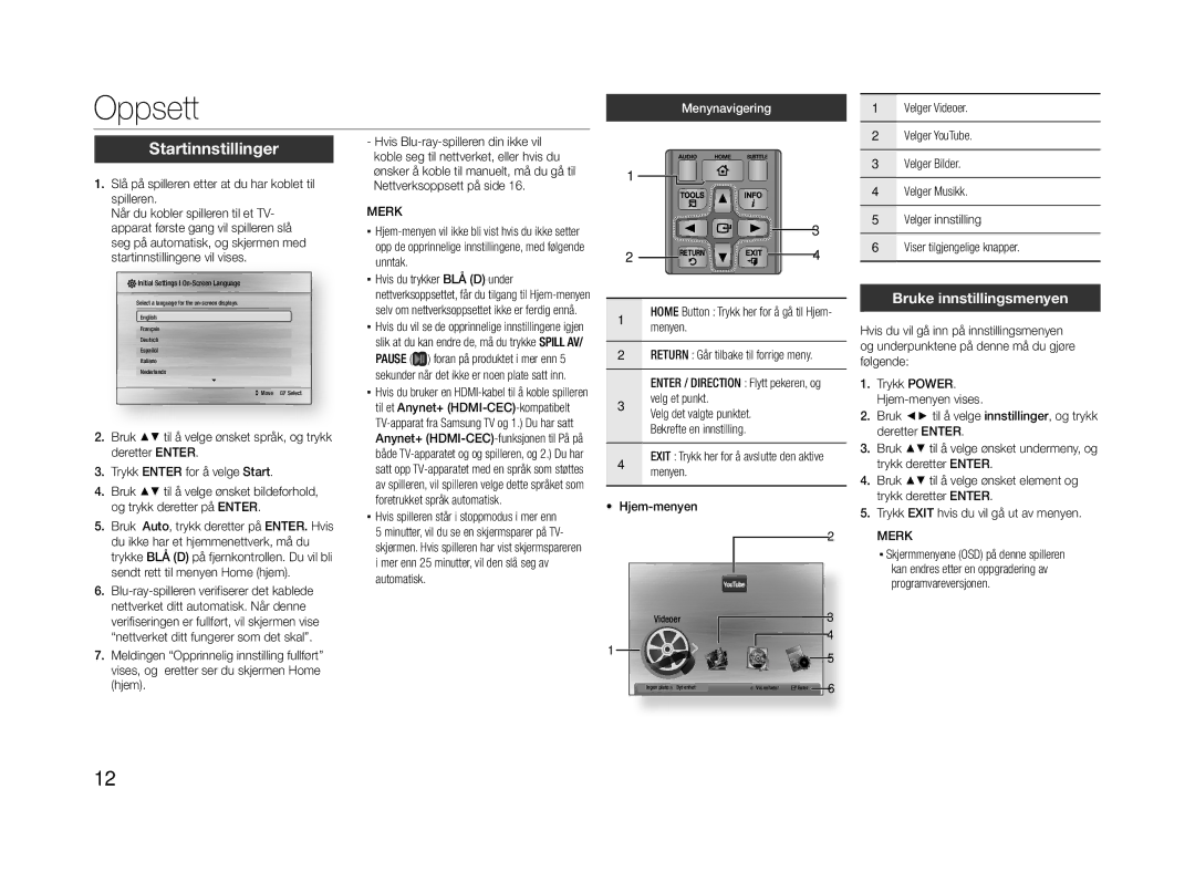 Samsung BD-E5300/XE manual Oppsett, Startinnstillinger, Bruke innstillingsmenyen 