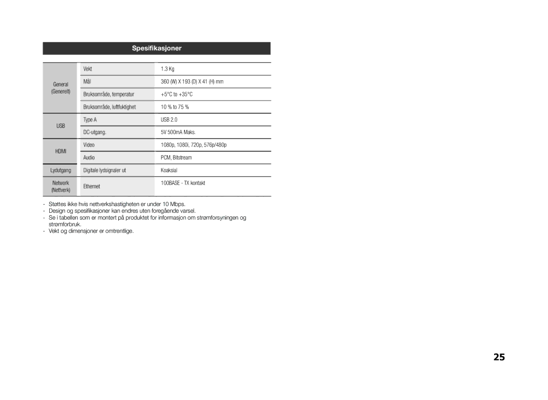 Samsung BD-E5300/XE manual Spesifikasjoner 