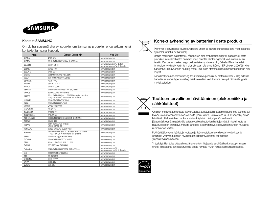 Samsung BD-E5300/XE manual Kontakt Samsung, Kontakte Samsung Support 