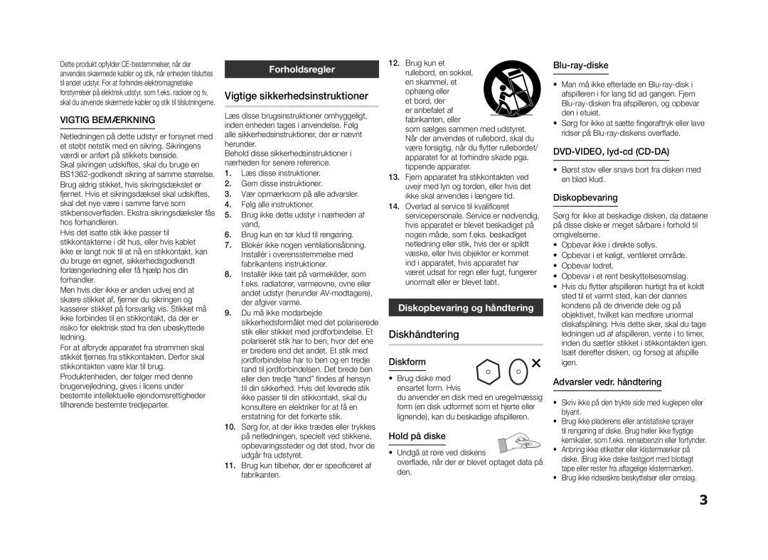 Samsung BD-E5300/XE manual Vigtige sikkerhedsinstruktioner, Diskhåndtering, Vigtig Bemærkning, Diskopbevaring og håndtering 