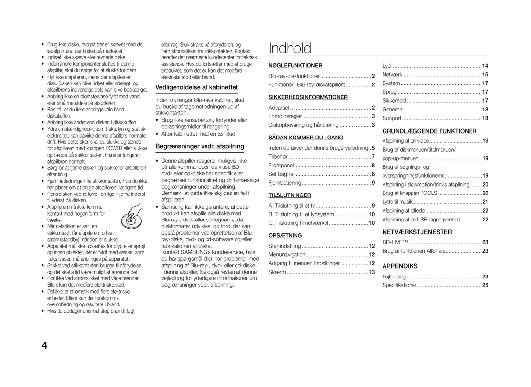 Samsung BD-E5300/XE manual Indhold, Grundlæggende Funktioner, Netværkstjenester, Appendiks 