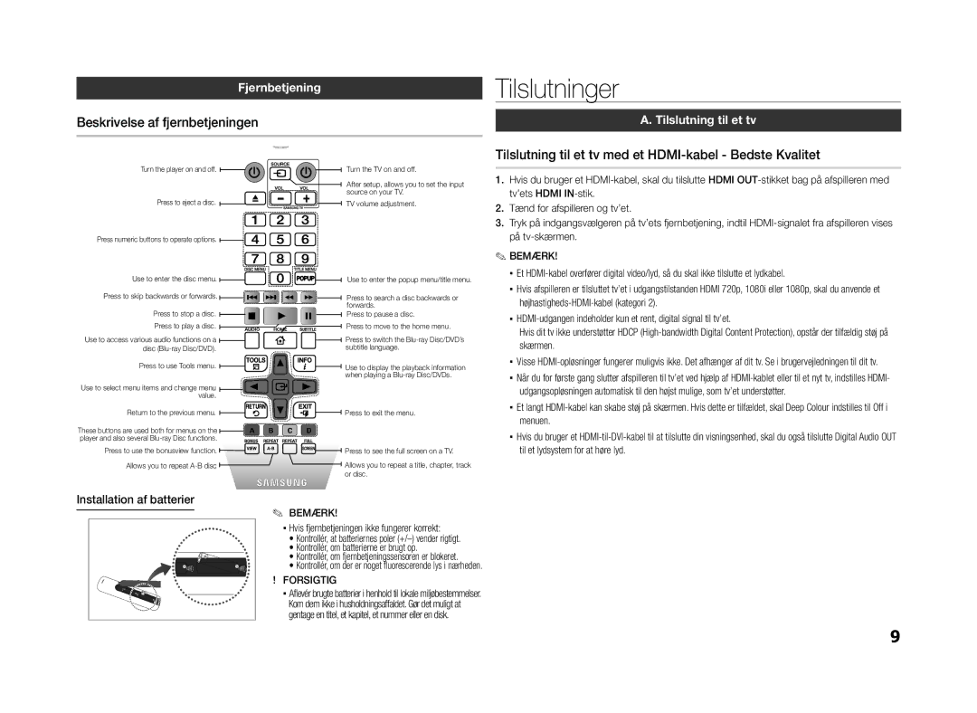 Samsung BD-E5300/XE manual Tilslutninger, Beskrivelse af fjernbetjeningen, Fjernbetjening, Tilslutning til et tv 