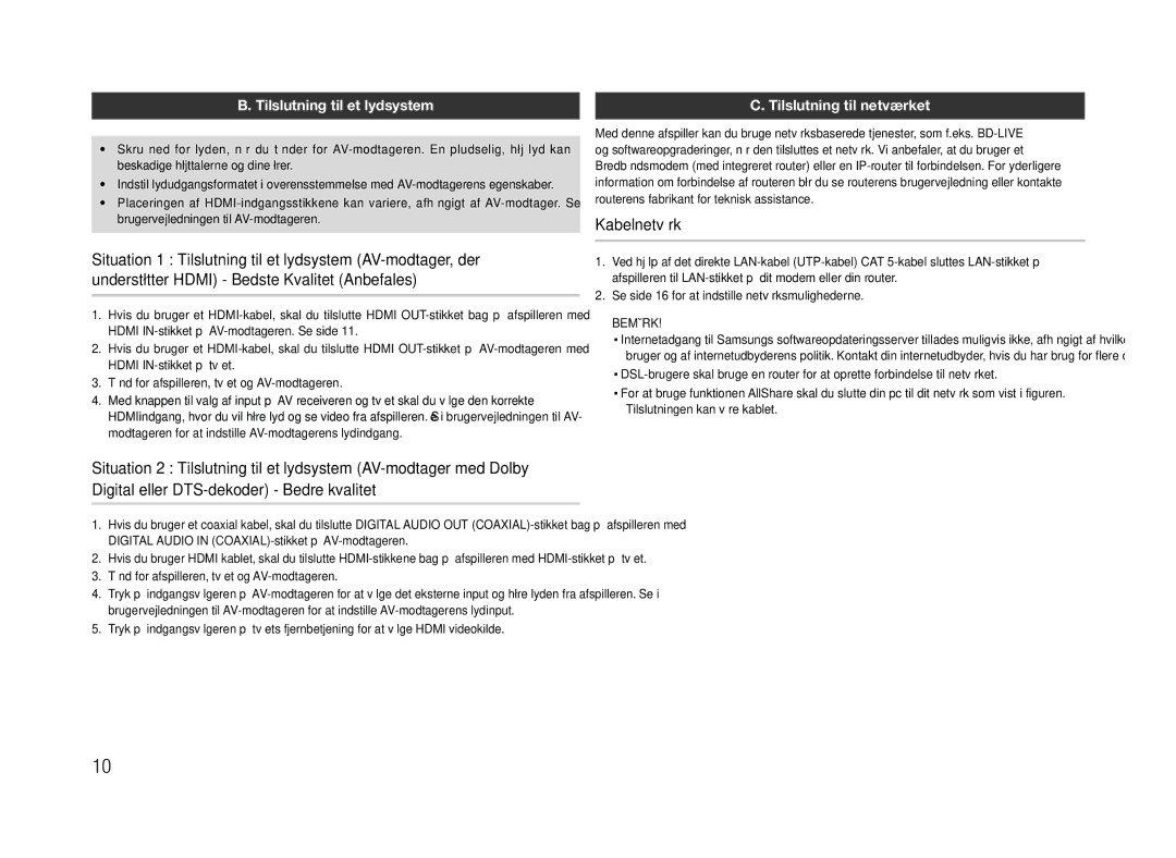 Samsung BD-E5300/XE manual Kabelnetværk, Tilslutning til et lydsystem, Tilslutning til netværket 