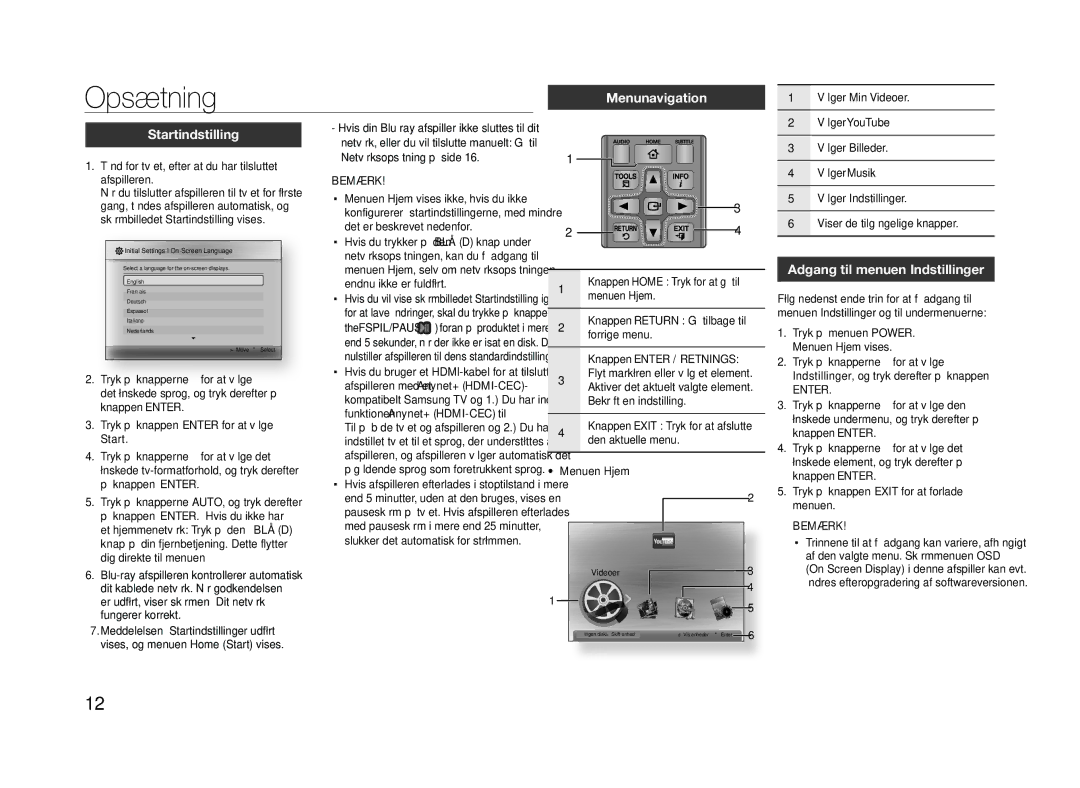 Samsung BD-E5300/XE manual Opsætning, Startindstilling, Adgang til menuen Indstillinger, Skærm 