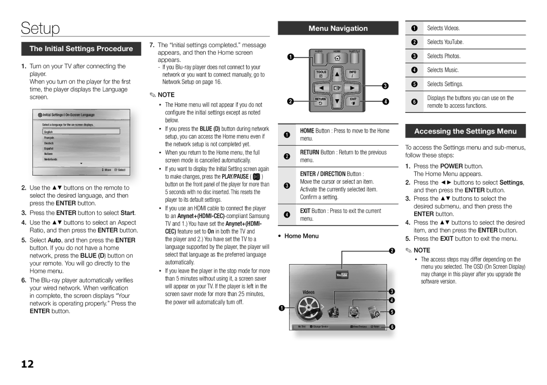 Samsung BD-E5300/ZA user manual Setup, Menu Navigation, Initial Settings Procedure, Accessing the Settings Menu 