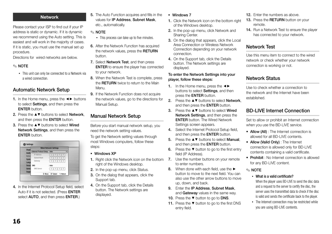 Samsung BD-E5300/ZA user manual Automatic Network Setup, Manual Network Setup, Network Test, Network Status 