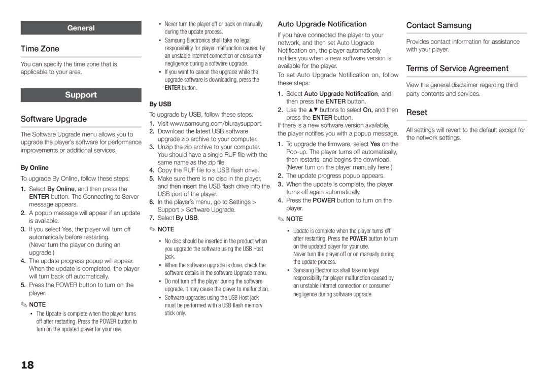 Samsung BD-E5300/ZA user manual Time Zone, Software Upgrade, Contact Samsung, Terms of Service Agreement, Reset 