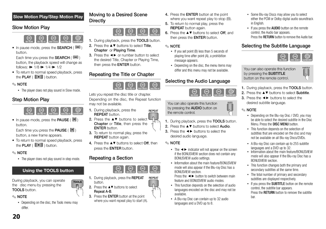 Samsung BD-E5300/ZA Slow Motion Play, Step Motion Play, Moving to a Desired Scene Directly, Repeating the Title or Chapter 