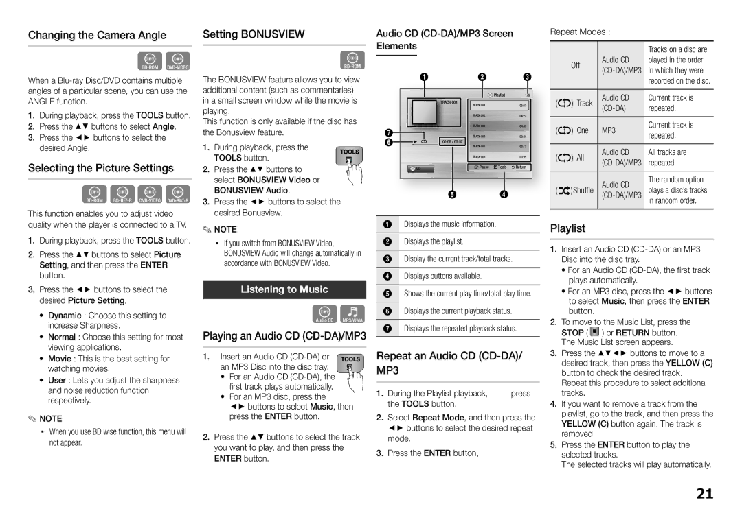 Samsung BD-E5300/ZA user manual Changing the Camera Angle, Selecting the Picture Settings, Setting Bonusview, Playlist 