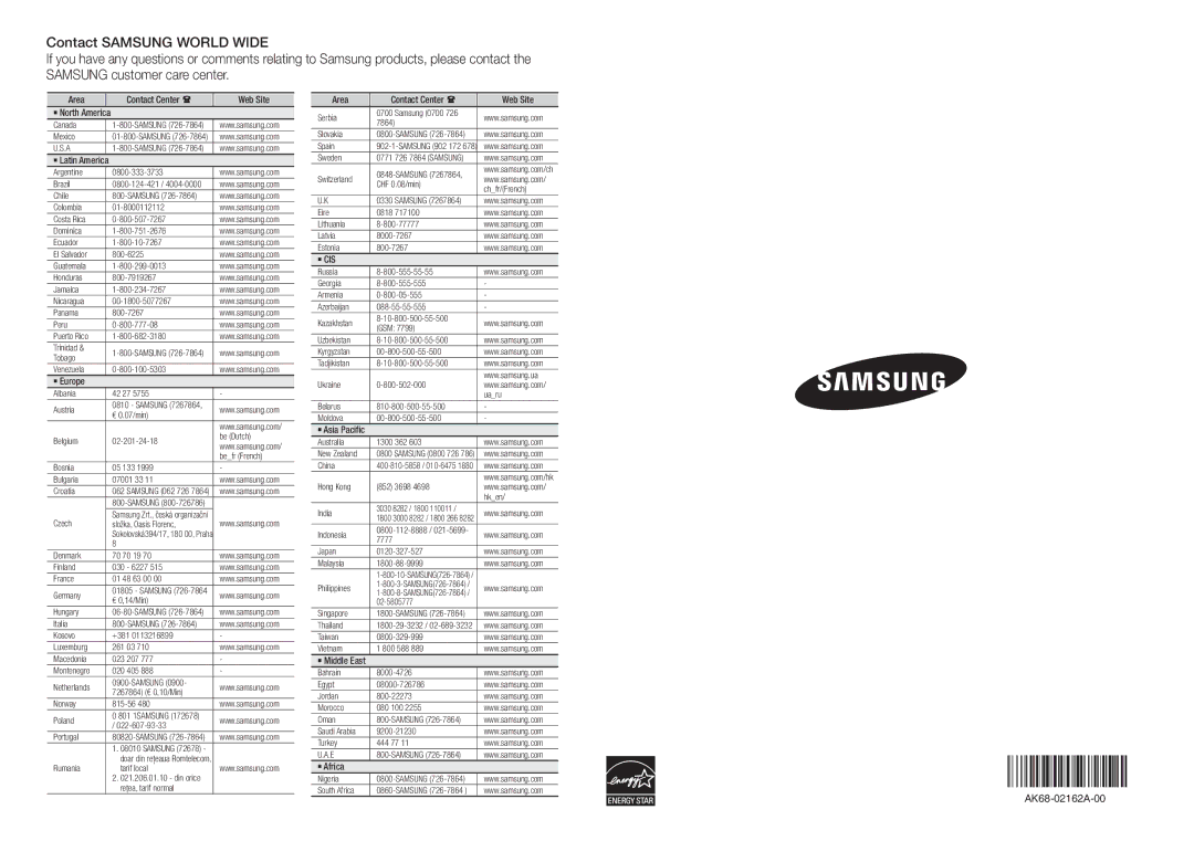 Samsung BD-E5300/ZA user manual Area, Web Site, ` Europe, ` Africa 