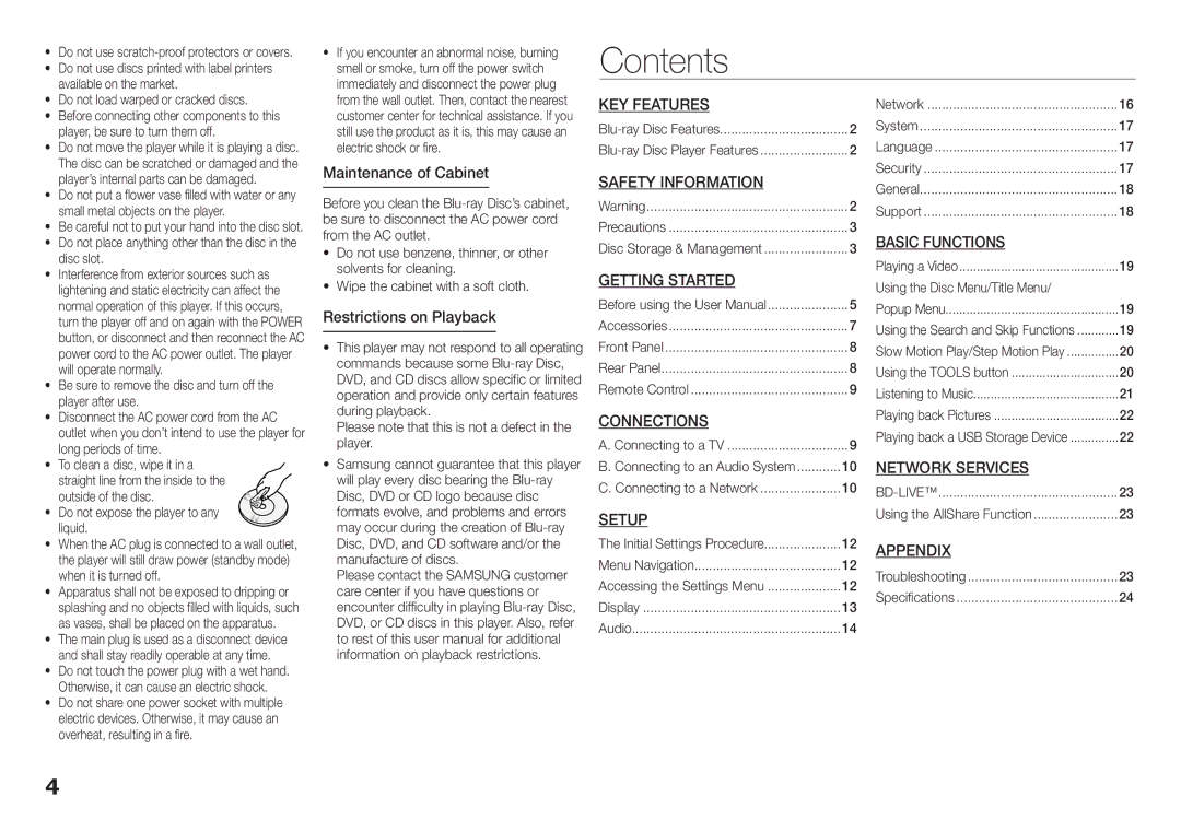 Samsung BD-E5300/ZA user manual Contents 