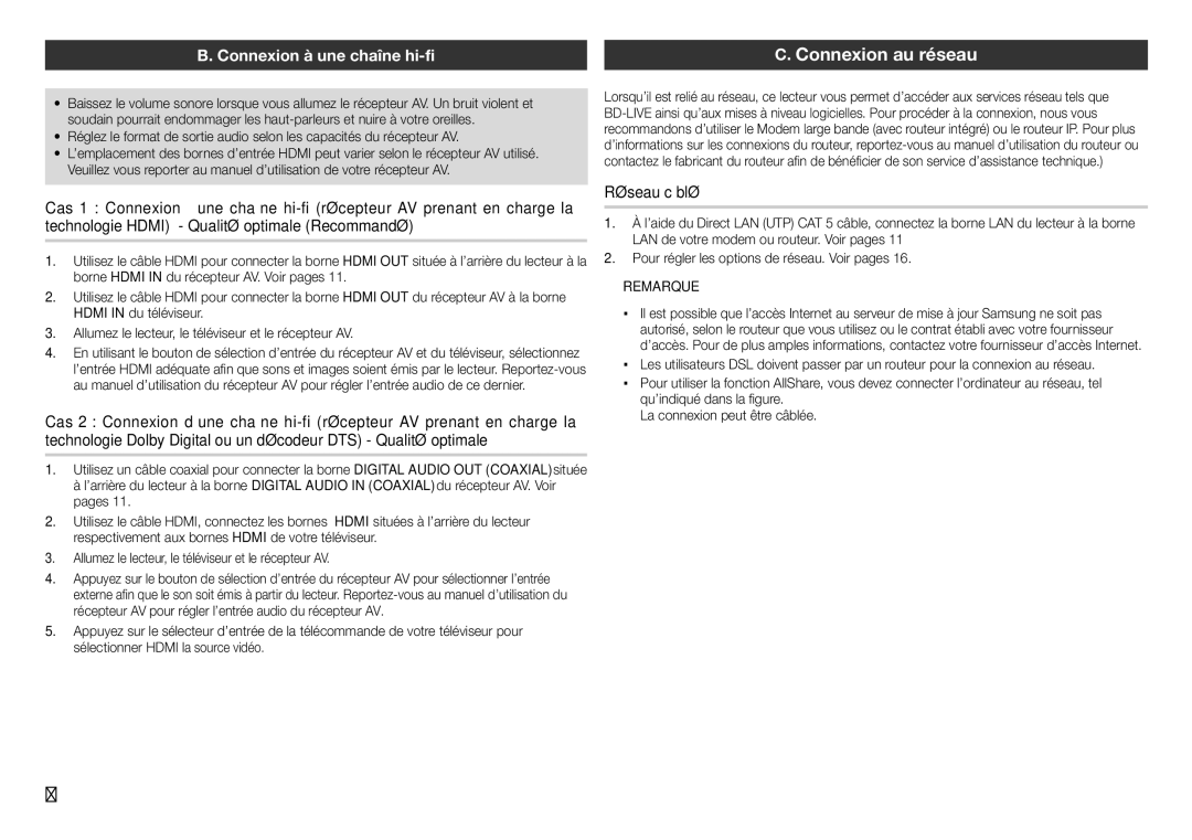 Samsung BD-E5300/ZF, BD-E5300/ZN manual Connexion au réseau, Connexion à une chaîne hi-fi, Réseau câblé 