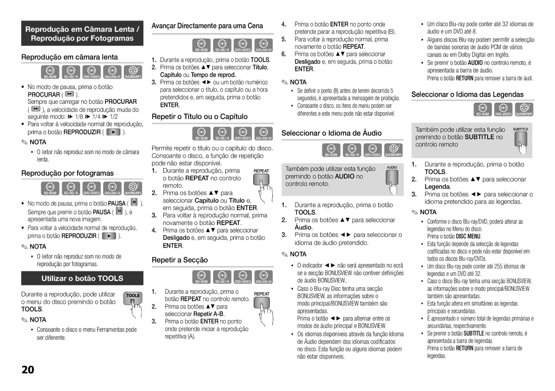 Samsung BD-E5300/ZF, BD-E5300/ZN manual Utilizar o botão Tools 