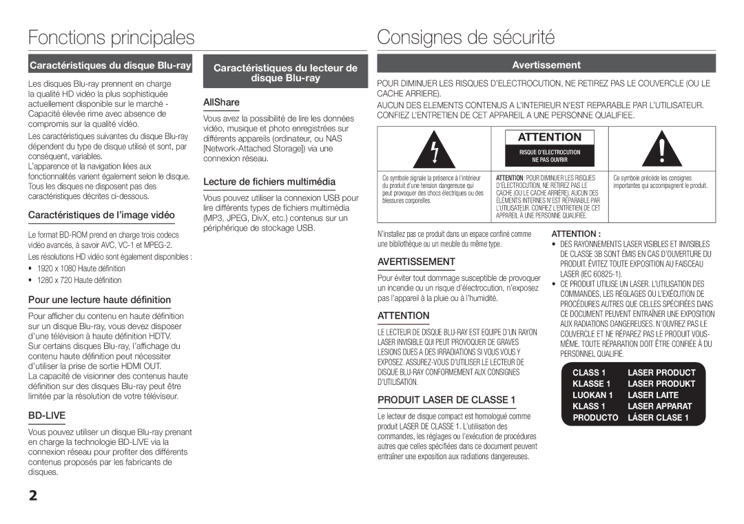 Samsung BD-E5300/ZF, BD-E5300/ZN manual Caractéristiques du lecteur de Disque Blu-ray, Avertissement 