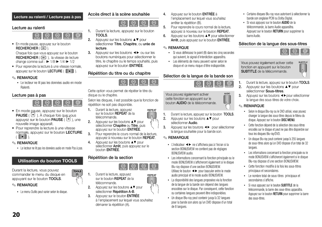 Samsung BD-E5300/ZF, BD-E5300/ZN manual Utilisation du bouton Tools 