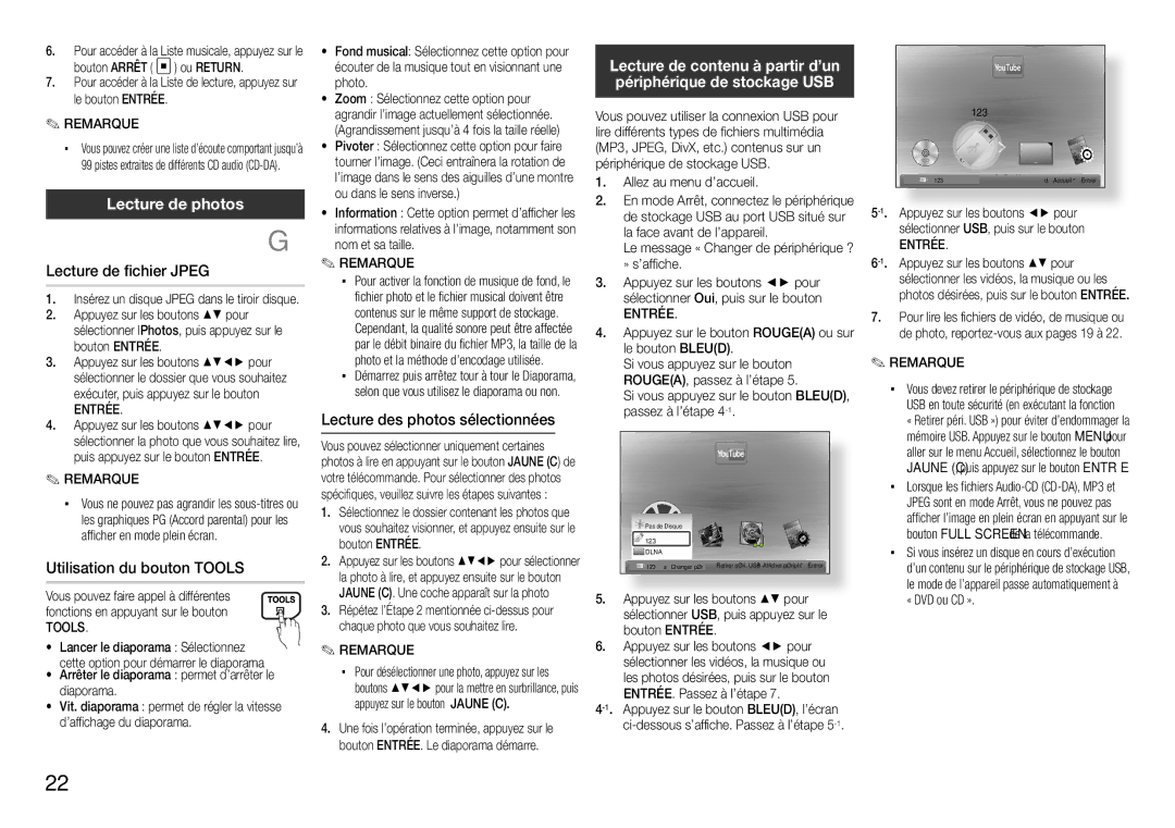 Samsung BD-E5300/ZF, BD-E5300/ZN manual Lecture de photos, Lecture de fichier Jpeg, Utilisation du bouton Tools 