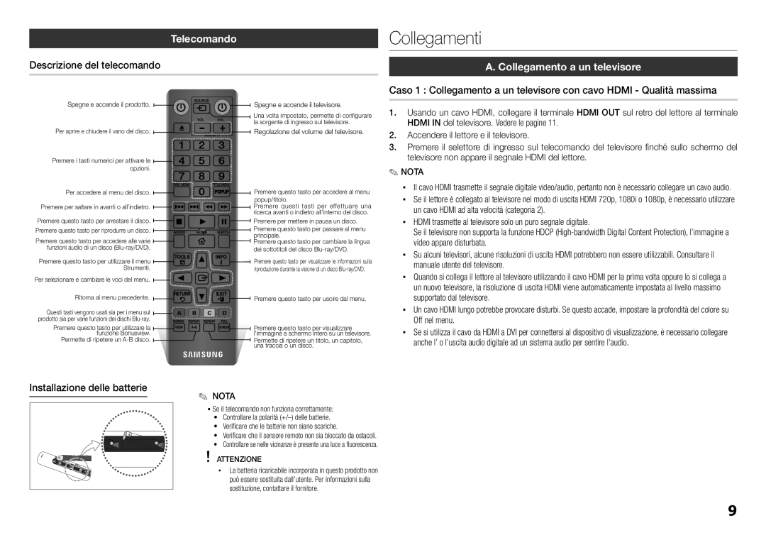 Samsung BD-E5300/ZN, BD-E5300/ZF manual TelecomandoCollegamenti, Descrizione del telecomando, Collegamento a un televisore 