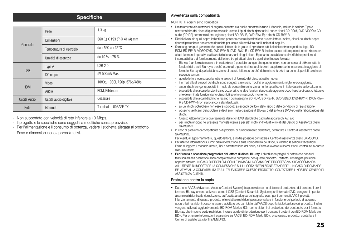 Samsung BD-E5300/ZN, BD-E5300/ZF manual Specifiche 