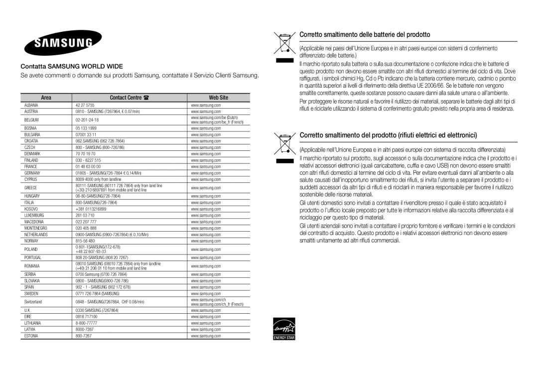 Samsung BD-E5300/ZF, BD-E5300/ZN manual Corretto smaltimento delle batterie del prodotto 