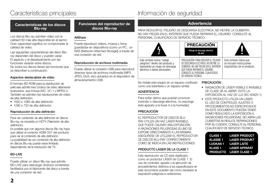 Samsung BD-E5300/ZF, BD-E5300/ZN manual Características principales Información de seguridad, Advertencia 