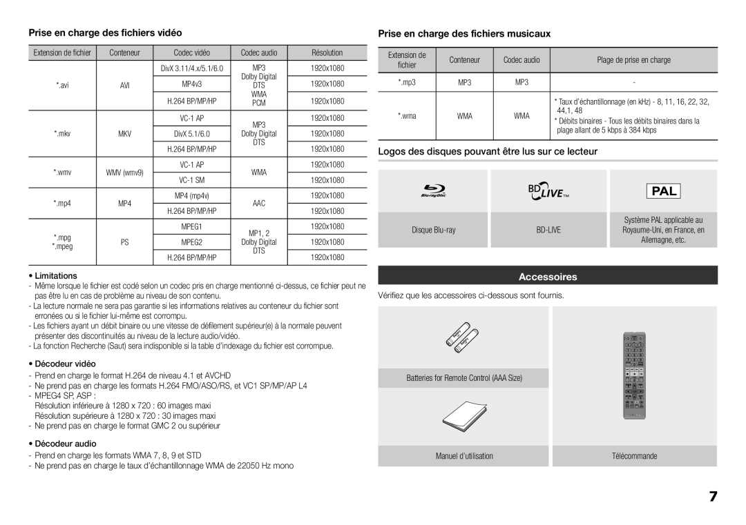 Samsung BD-E5300/ZN manual Logos des disques pouvant être lus sur ce lecteur, Accessoires, Mkv, MPEG4 SP, ASP, Bd-Live 