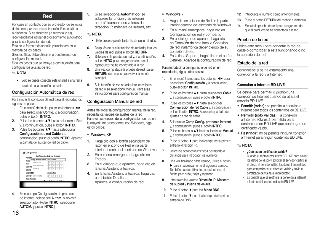 Samsung BD-E5300/ZF, BD-E5300/ZN manual Red, Configuración Automática de red, Configuración Manual de red 
