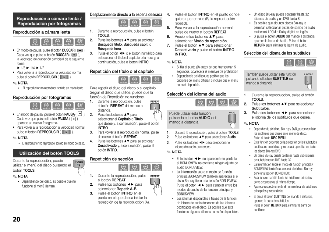 Samsung BD-E5300/ZF, BD-E5300/ZN manual Utilización del botón Tools 