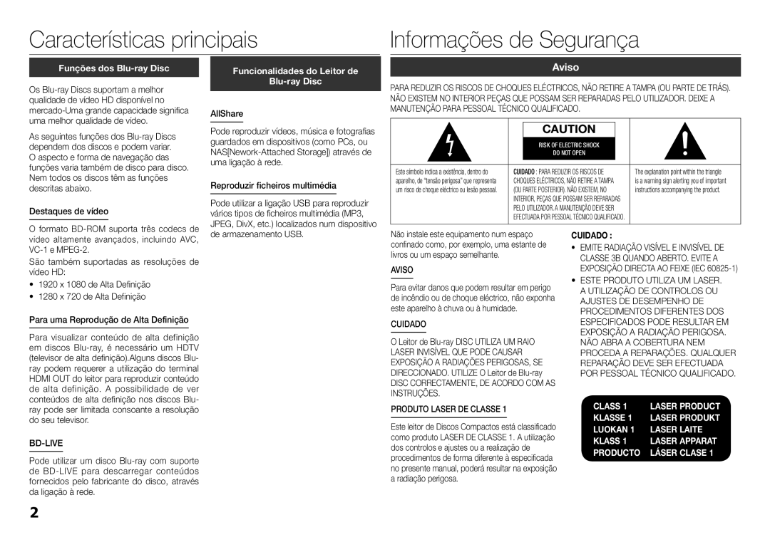 Samsung BD-E5300/ZF, BD-E5300/ZN manual Aviso, Cuidado 