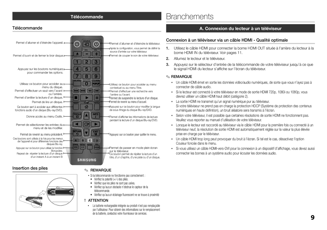 Samsung BD-E5300/ZN, BD-E5300/ZF manual Télécommande, Connexion du lecteur à un téléviseur, Insertion des piles 