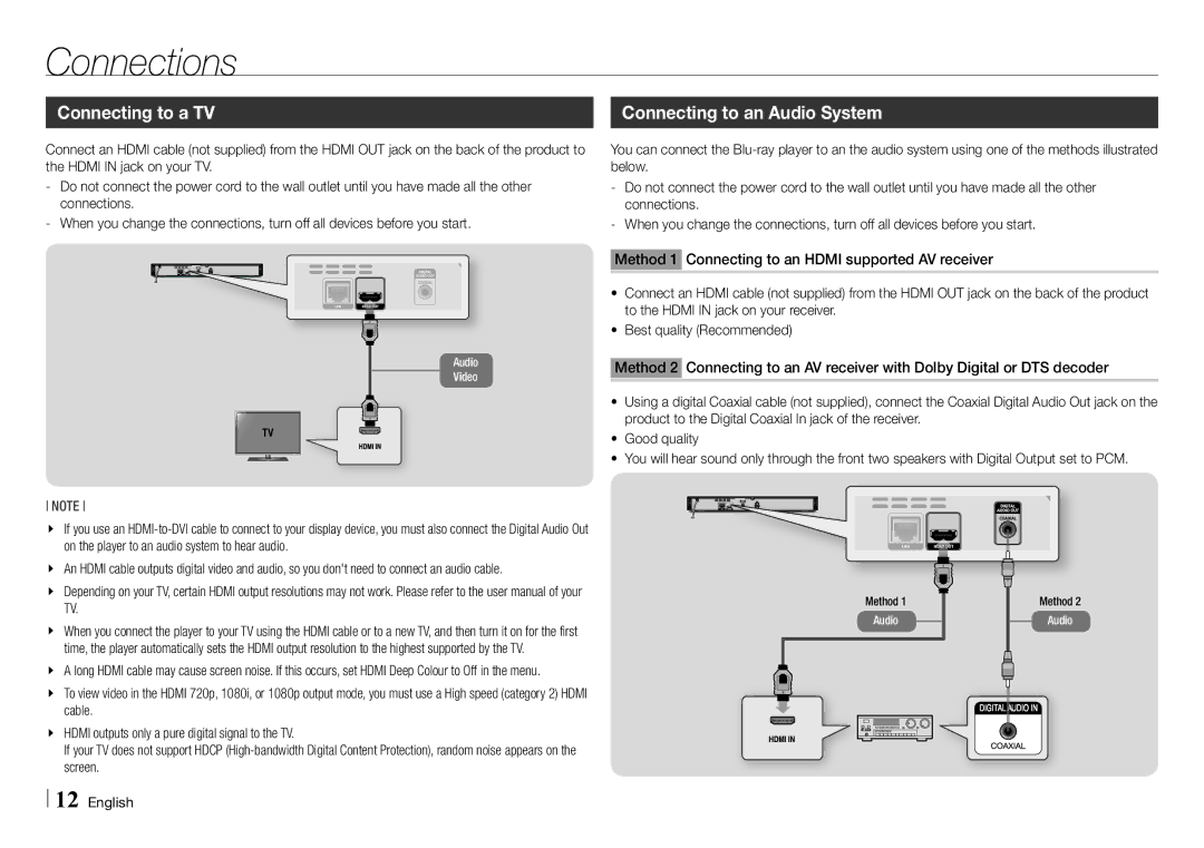 Samsung BD-E5500/EN, BD-E5500/XE manual Connections, Connecting to a TV 