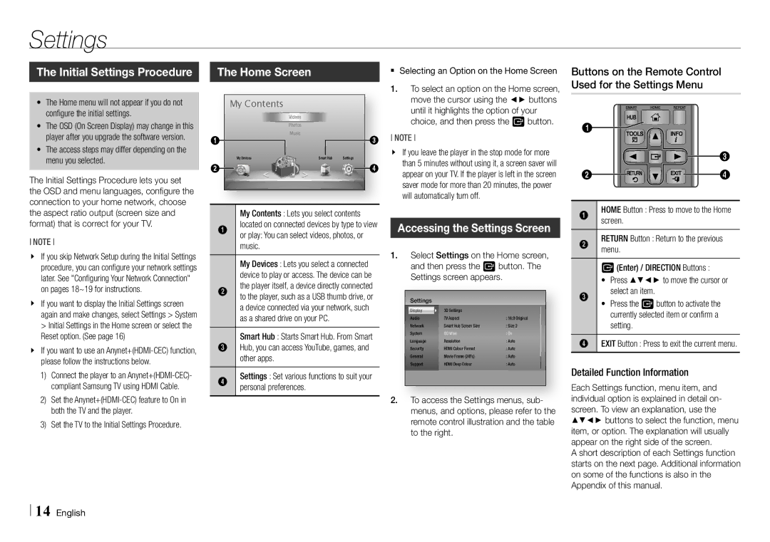 Samsung BD-E5500/EN, BD-E5500/XE manual Initial Settings Procedure, Home Screen, Accessing the Settings Screen 