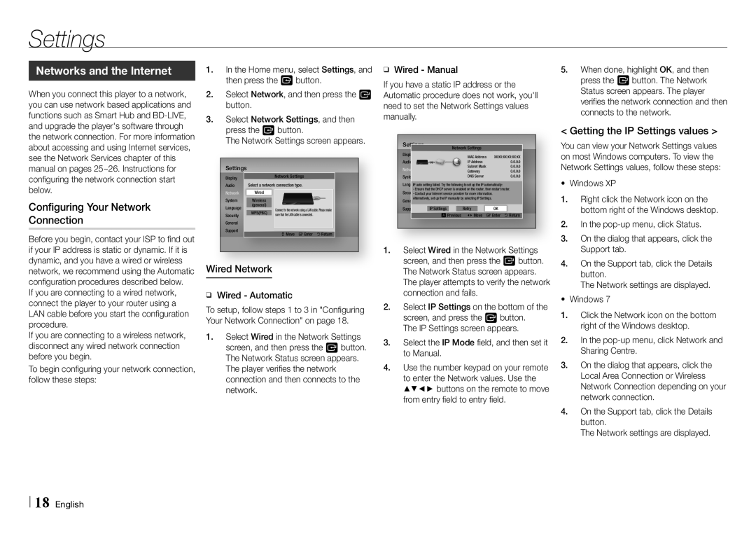 Samsung BD-E5500/EN manual Networks and the Internet, Configuring Your Network Connection, Getting the IP Settings values 